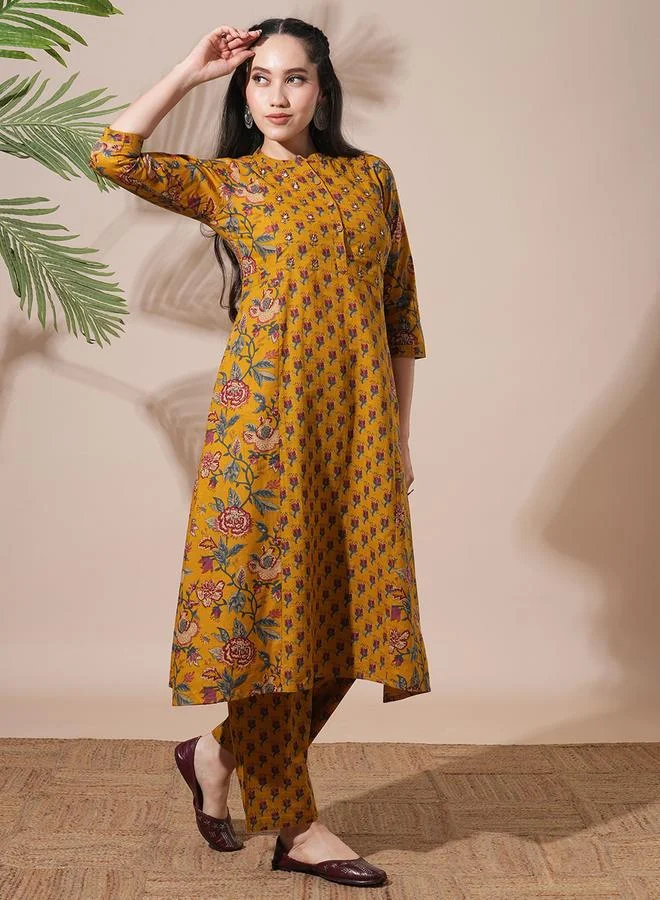 globus Women Yellow Floral Print Mandarin Neck A-Line Kurta with Pant Sets