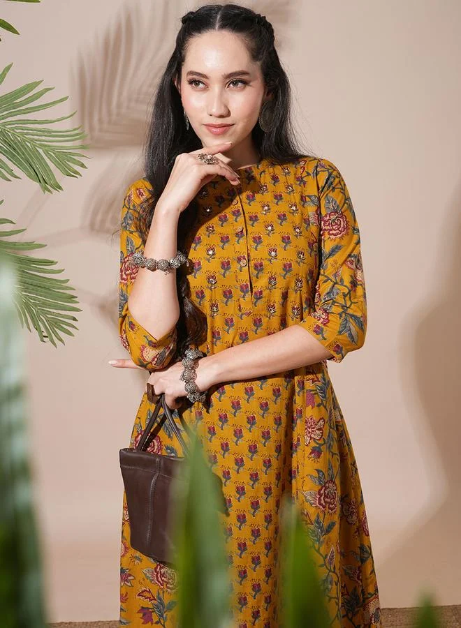 Globus  Women Yellow Floral Print Mandarin Neck A-Line Kurta with Pant Sets for Women | Best Price UAE