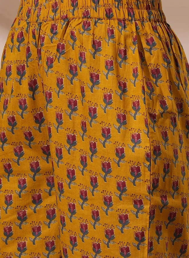 Globus  Women Yellow Floral Print Mandarin Neck A-Line Kurta with Pant Sets for Women | Best Price UAE