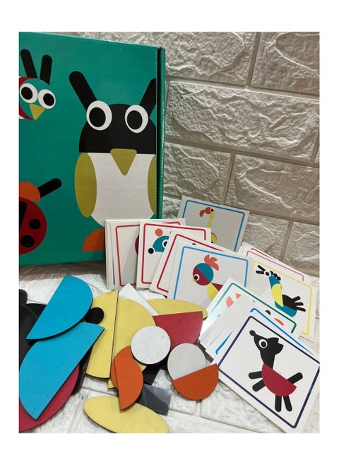 Wooden cubes game like Giwanimo with animal design to develop skills + 20 cards with different drawings, shapes and wonderful colors that attract the child's attention - multi-colored. Montessori