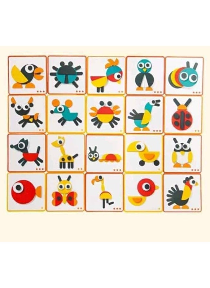Wooden cubes game like Giwanimo with animal design to develop skills + 20 cards with different drawings, shapes and wonderful colors that attract the child's attention - multi-colored. Montessori