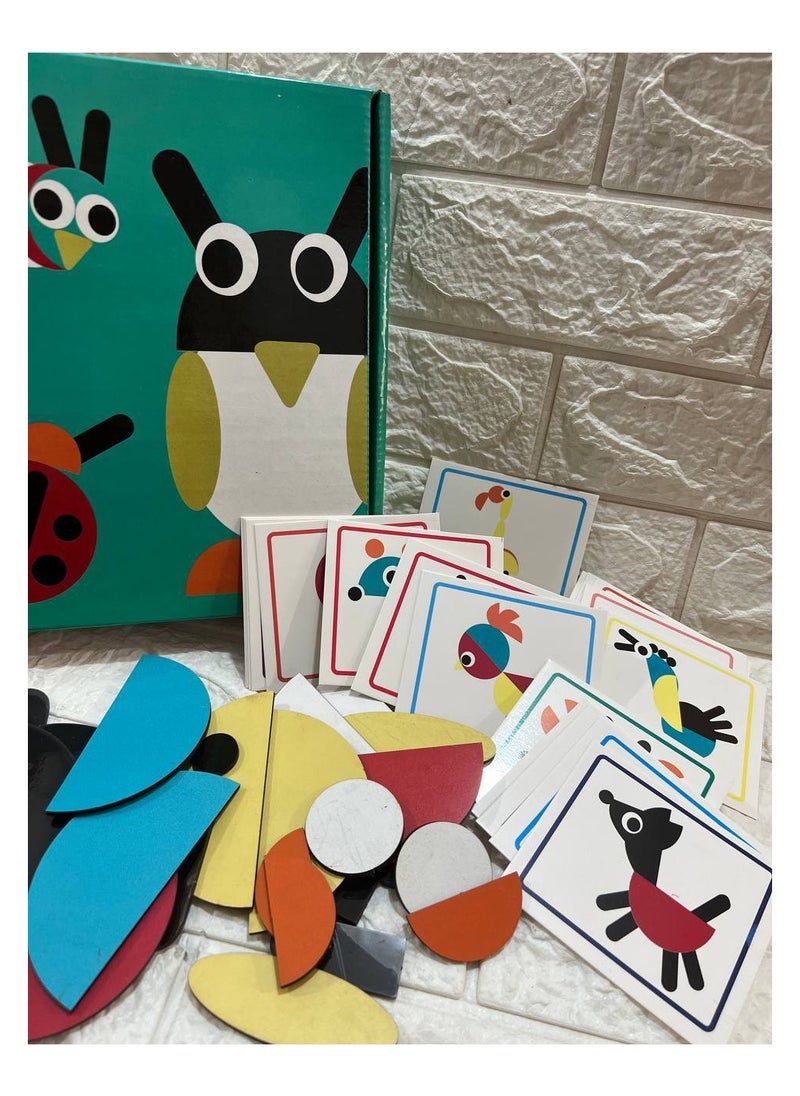 Wooden cubes game like Giwanimo with animal design to develop skills + 20 cards with different drawings, shapes and wonderful colors that attract the child's attention - multi-colored. Montessori