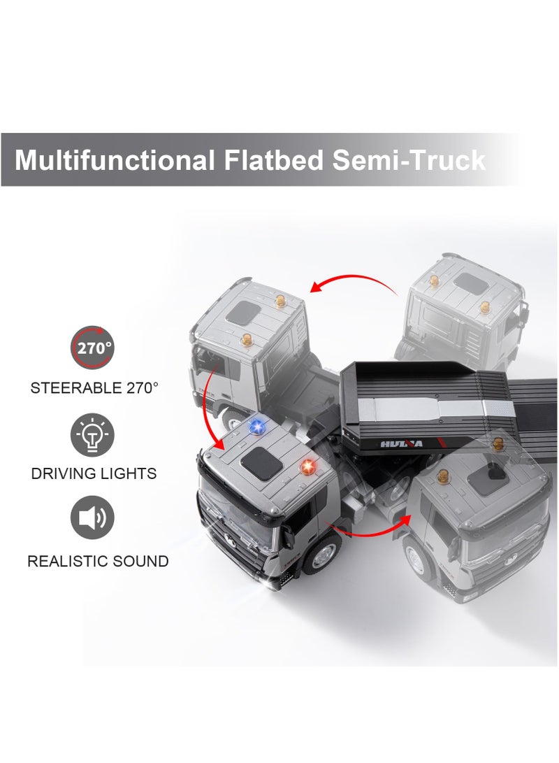 XiuWoo Remote Control Semi Truck Toys, 9 Channel RC Semi Truck with Trailer, Construction Vehicle Toy with Sound and Light, Birthday Gifts Ideas for Boys Kids, 1/24 Flatbed Grey  - Image 3