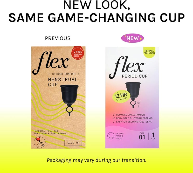 FLEX Cup Starter Kit (Slim Fit - Size 01) | Reusable Menstrual Cup + 2 Free Menstrual Discs | Pull-Tab for Easy Removal | HSA or FSA Eligible | Capacity of 2 Super Tampons - Packaging May Vary - Image 2