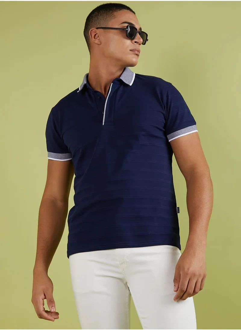 Campus Sutra Men's Midnight Blue Self-Design Horizontal Striped T-Shirt