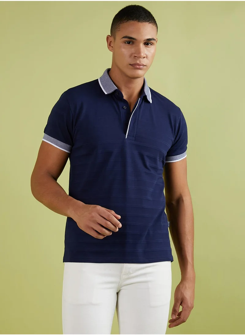 Campus Sutra Men's Midnight Blue Self-Design Horizontal Striped T-Shirt