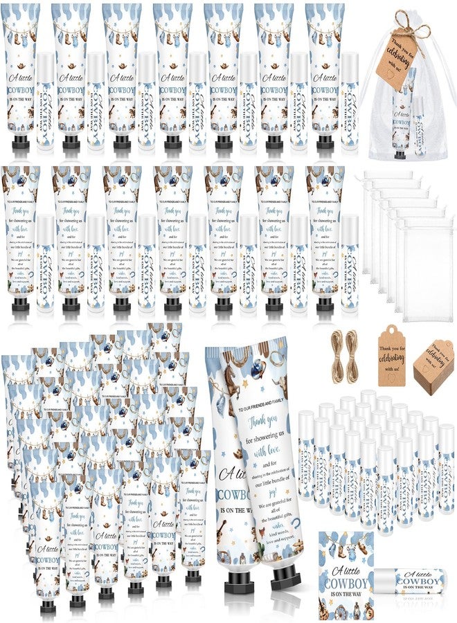Dimsile 50 Sets 200 Pcs Baby Shower Hand Lotion and Lip Balm Gift Theme Baby Shower Party Favors Travel Size Hand Lotion and Lip Balm Bulk with Organza Bags Tags(A Little Cowboy is on the Way) - Image 1