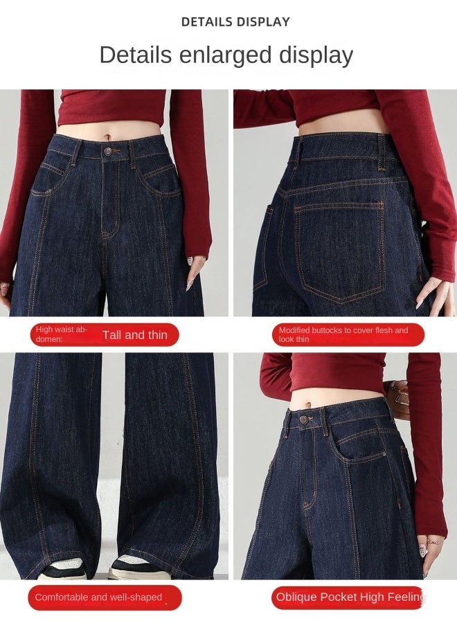 HAPPY Denim Wide-leg Jeans For Women, Fleece-lined, Autumn And Winter New Style, High-waisted, Loose, Relaxed, Drapey Straight-leg Pants - Image 2