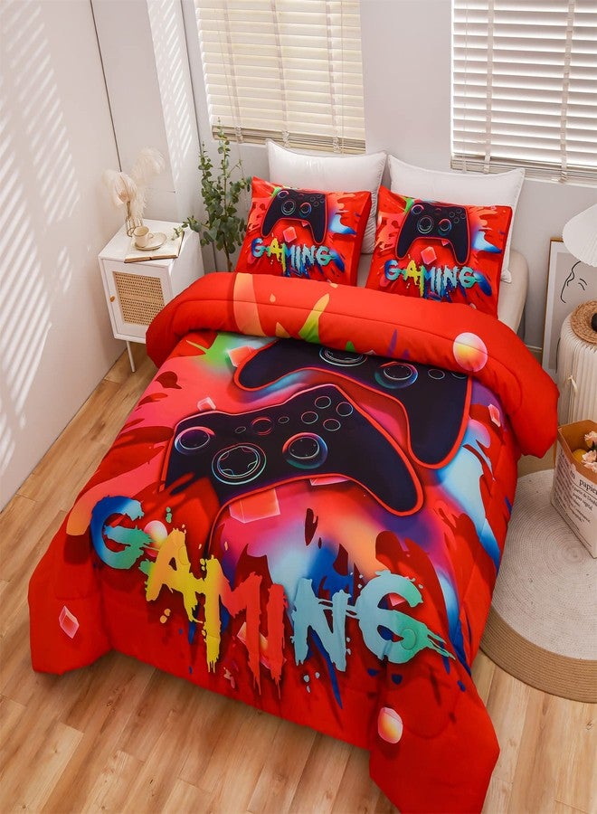 Aimuan Gaming Comforter Sets for Boys Kids Bedding Sets Video Games Console Action Buttons Novelty Colorful Game Gamepad Controller Modern Gamer Room Decor Home Quilt Set (Twin, Red) - Image 2