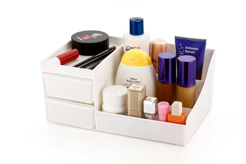 Clazkit Plastic Versatile Cosmetic Organizer Box With Drawers And Vanity Brush Holder Makeup Storage For Women Lipsticks, Skincare, Brushes, Eyeshadows, Lotions, Nail Polish, Stationery, White - Image 4