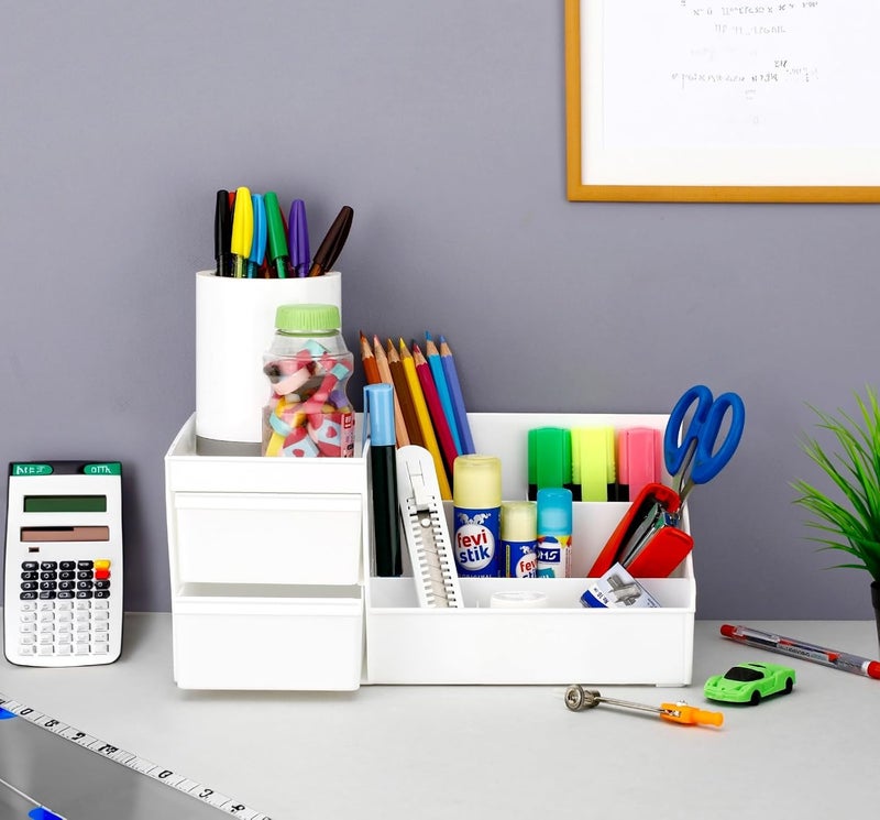 Clazkit Plastic Versatile Cosmetic Organizer Box With Drawers And Vanity Brush Holder Makeup Storage For Women Lipsticks, Skincare, Brushes, Eyeshadows, Lotions, Nail Polish, Stationery, White - Image 3