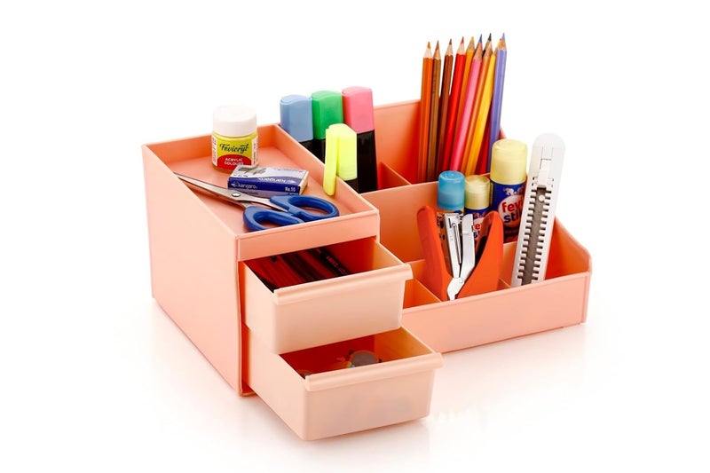 Clazkit Plastic Versatile Cosmetic Organizer Box With Drawers And Vanity Brush Holder Makeup Storage For Women Lipsticks, Skincare, Brushes, Eyeshadows, Lotions, Nail Polish, Stationery, White - Image 2