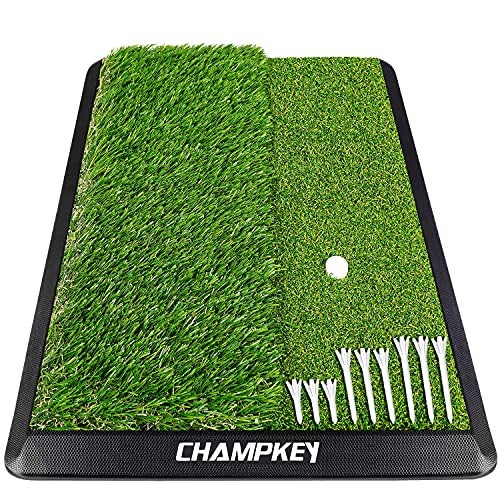 CHAMPKEY Dual-Turf Golf Hitting Mat | Come with 9 Golf Tees & 1 Rubber Tee | Heavy Duty Rubber Backing Golf Practice Mat Ideal for Indoor & Outdoor Training（13"x17", LITE Version） - Image 1