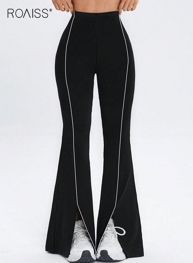 رويس بنطلون يوجا نسائي بخصر عالٍ وواسع، بنطلون ليجنز للتمرين بخطوط وفتحة صغيرة، بنطلون رياضي مناسب لجميع المواسم للياقة البدنية واليوغا والملابس غير الرسمية، قابل للتهوية ومتين - Image 1