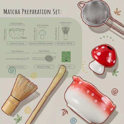 KOIMYSA Cute Matcha Set With Mushroom Design Bowl And Whisk Holder, Unique Japanese Matcha Kit Gifts For Women Girls Friends Tea Lovers, Red - Image 5