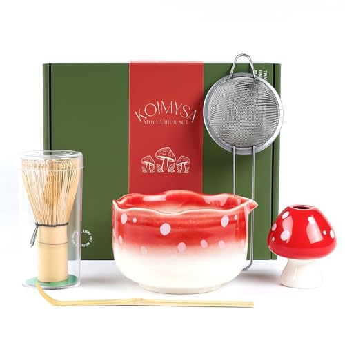 KOIMYSA Cute Matcha Set With Mushroom Design Bowl And Whisk Holder, Unique Japanese Matcha Kit Gifts For Women Girls Friends Tea Lovers, Red - Image 1