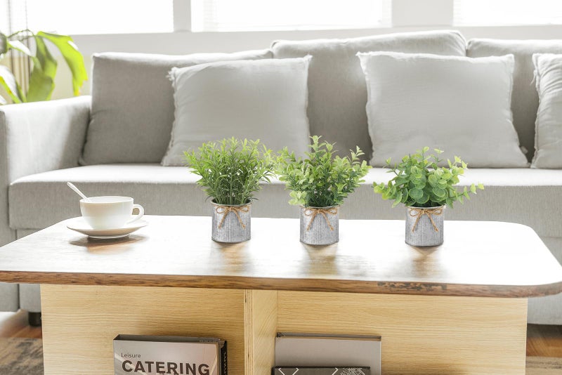 Mkono Mini Fake Plants in Farmhouse Galvanized Metal Pots 3 Pack Small Potted Artificial Plant Eucalyptus for Laundry Room Bathroom Shelf Table Decor - Image 2