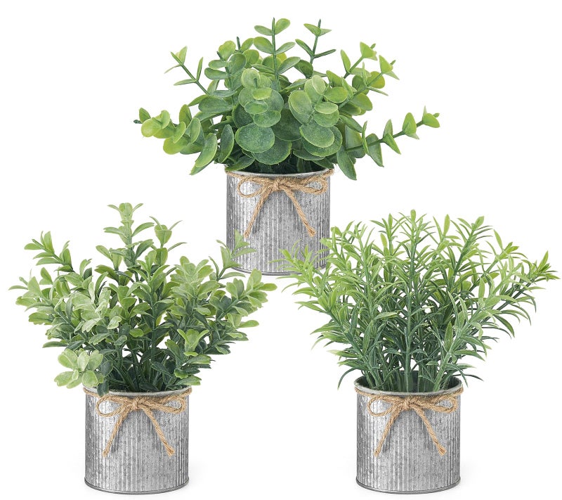 Mkono Mini Fake Plants in Farmhouse Galvanized Metal Pots 3 Pack Small Potted Artificial Plant Eucalyptus for Laundry Room Bathroom Shelf Table Decor - Image 1