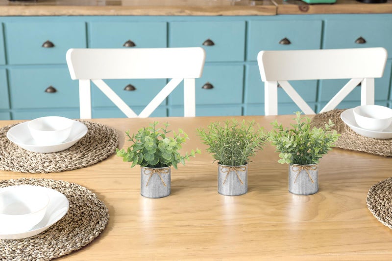 Mkono Mini Fake Plants in Farmhouse Galvanized Metal Pots 3 Pack Small Potted Artificial Plant Eucalyptus for Laundry Room Bathroom Shelf Table Decor - Image 3