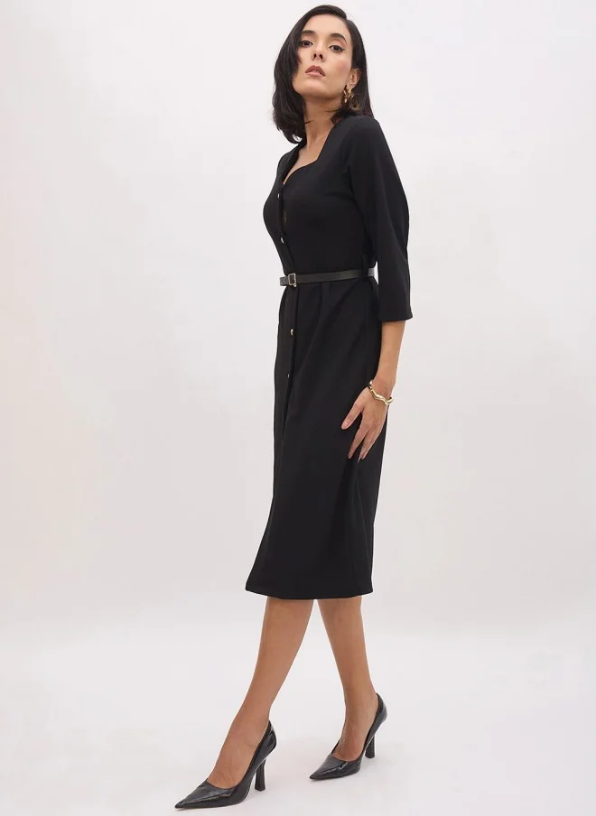 SASSAFRAS Black Shirt Dress With Belt For Women