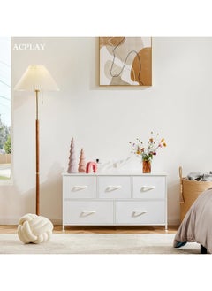 ACPLAY 5 Drawers Fabric Dresser for Bedroom,Wide Storage Organizer with Fabric Bins for Closet,Living Room,Hallway,Nursery, Entryway(White)  - Image 3