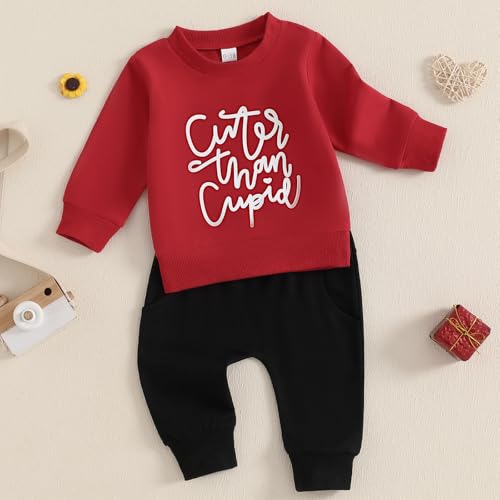 BemeyourBBs Toddler Baby Boy Fall Winter Clothes Funny Letter Long Sleeve Sweatshirt and Pants Set 2 Piece Sweatsuit Outfit (Valentines Cute Than Cupid, 6-12 Months) - Image 2