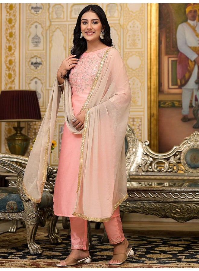 AKS AKS Couture Yoke Design Thread Work Chanderi Silk Straight Kurta with Trousers & Dupatta  - Image 5