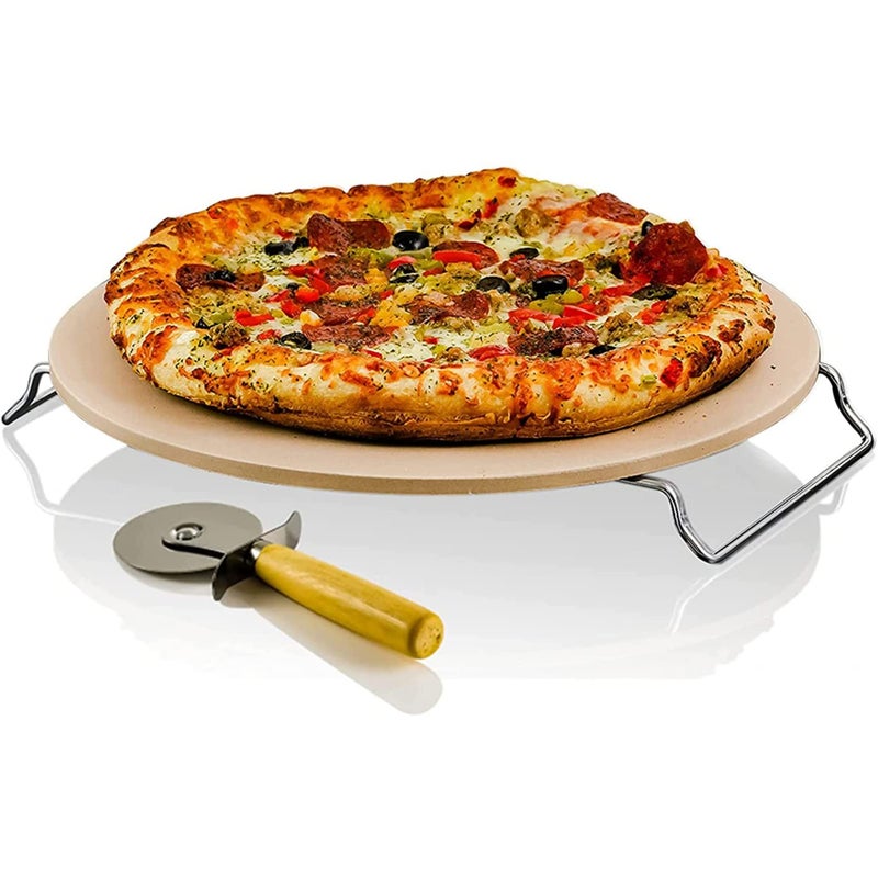 OVENTE 13 Round Pizza Stone for Oven and Grill Heat Resistant Ceramic Flat Baking Stone with Cutter Wheel Metal Rack Stand Ideal for Making Crisp Crust Pizza Bread Cookies More Beige BW10132