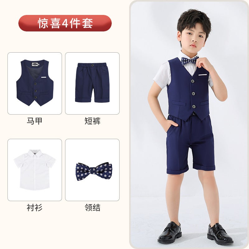 Boy's dress spring/summer British gentleman vest two-piece set student class graduation photography short sleeve shirt suit - Image 1