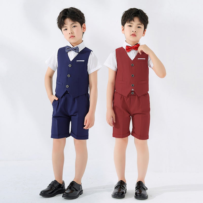 Boy's dress spring/summer British gentleman vest two-piece set student class graduation photography short sleeve shirt suit - Image 3