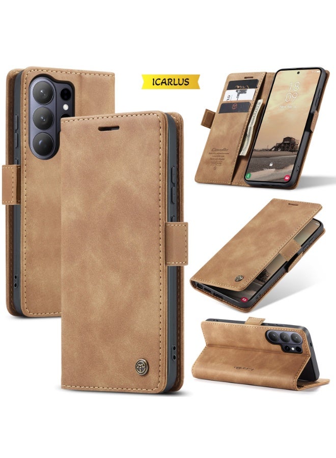 ICARLUS For Samsung Galaxy S26 Ultra Case Card Holder Stand Leather Phone Cover - Brown - Image 1