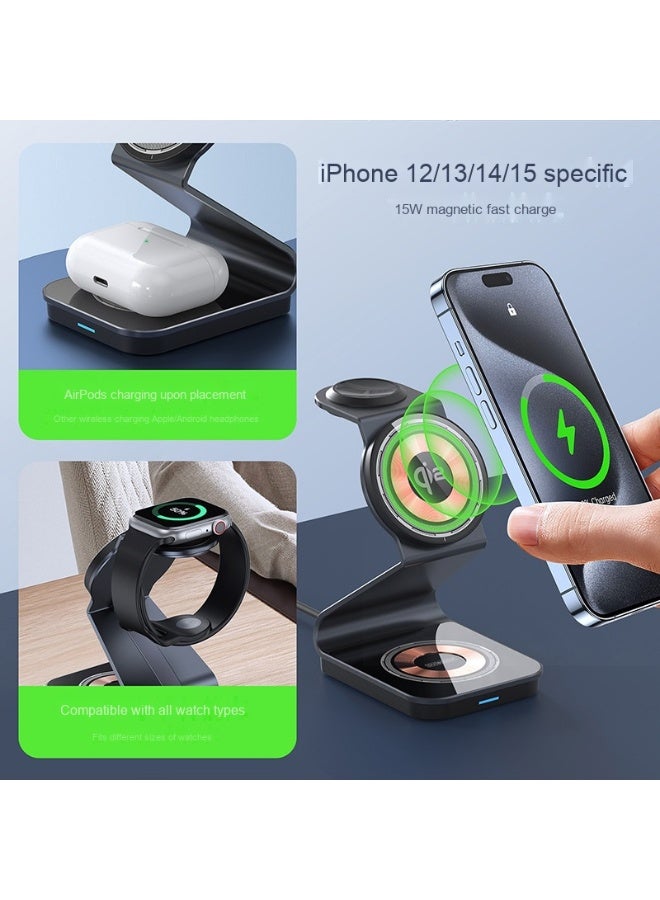 NIBEMINENT 3 in 1 Wireless Charger Charging Station for iPhone,Qi2 Certified 15W Magnetic Charging Stand for Mag-Safe with 30W USB C Adapter&Friendly Night Light for iPhone 15/14/13/12,Apple Watch,AirPods  - Image 3