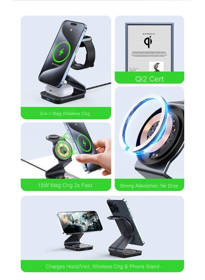 NIBEMINENT 3 in 1 Wireless Charger Charging Station for iPhone,Qi2 Certified 15W Magnetic Charging Stand for Mag-Safe with 30W USB C Adapter&Friendly Night Light for iPhone 15/14/13/12,Apple Watch,AirPods  - Image 2