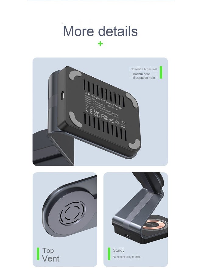 NIBEMINENT 3 in 1 Wireless Charger Charging Station for iPhone,Qi2 Certified 15W Magnetic Charging Stand for Mag-Safe with 30W USB C Adapter&Friendly Night Light for iPhone 15/14/13/12,Apple Watch,AirPods  - Image 5