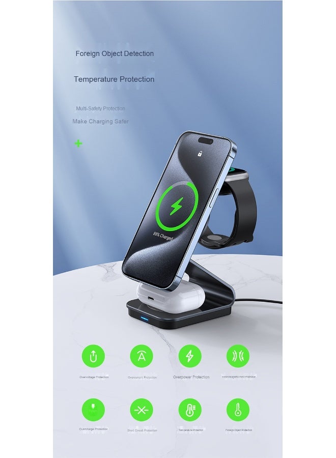 NIBEMINENT 3 in 1 Wireless Charger Charging Station for iPhone,Qi2 Certified 15W Magnetic Charging Stand for Mag-Safe with 30W USB C Adapter&Friendly Night Light for iPhone 15/14/13/12,Apple Watch,AirPods  - Image 4