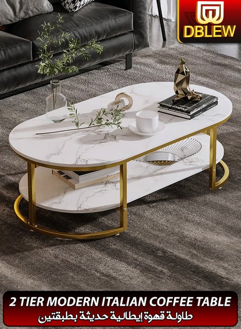 طاولة قهوة فاخرة بشكل بيضاوي من الرخام الصناعي مع إطار معدني مطلي بالذهب، تحتوي على طبقتين لتخزين إضافي وتزيين المنزل، مثالية للمعيشة والمكتب وغرف النوم