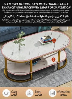 DBLEW Luxurious Faux Marble Oval Coffee Table 2 Tier Modern Centre Cocktail Table with Gold Finish Metal Frame 2 Layer Living Room Office Bedroom Storage Home Decoration Furniture Rounded Rectangle Accent  - Image 3