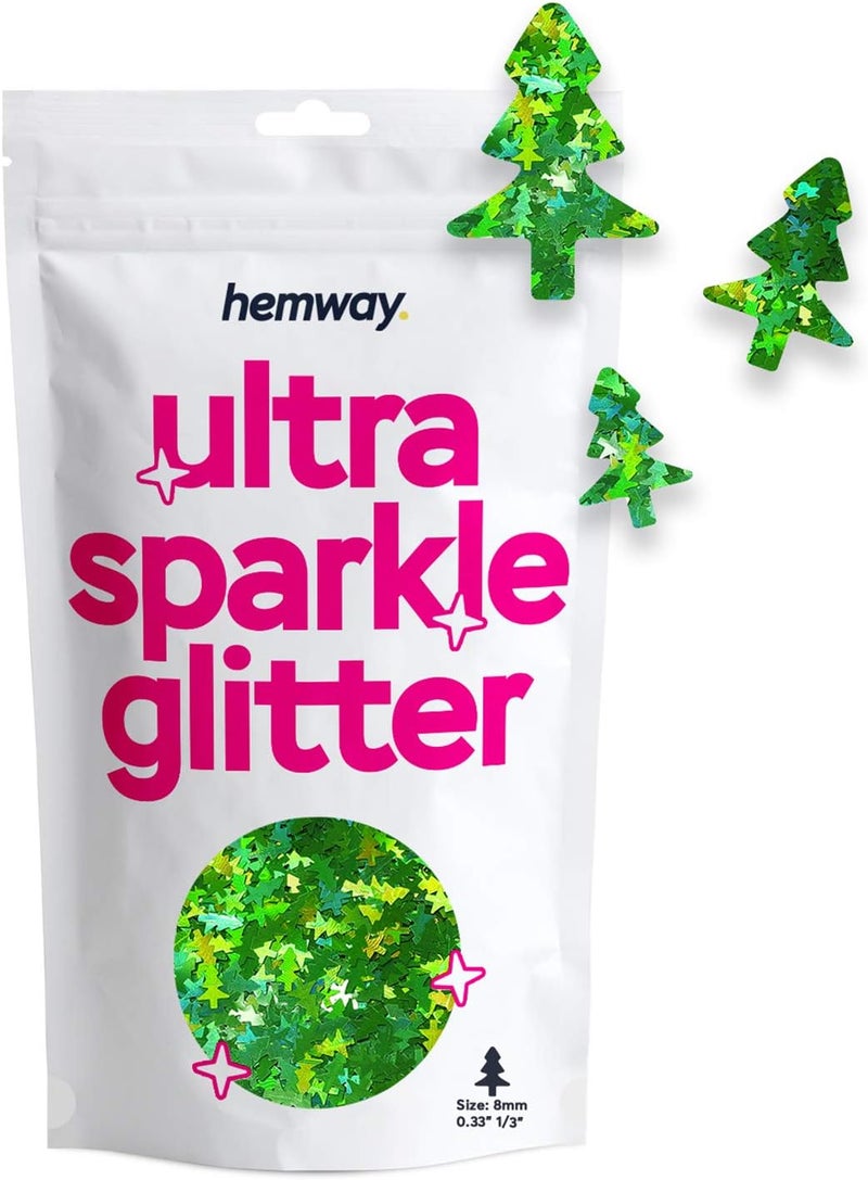 Hemway Hemway Ultra Sparkle Glitter - 1/3" 0.33" 8mm - Christmas Tree Glitter Holidays Festive Conifer for Decoration, Scrapbook, Arts, Craft, Design, Body, Cosmetic - Emerald Green Holographic - 50g