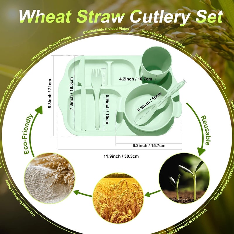 Honoson 24 Pcs Wheat Straw Dinnerware Cutlery Set for Kids Toddler Aldult Including Divided Plates Microwave Dishwasher Safe Bowl Unbreakable Tableware Straw Cutlery Spoon Knife ForkGreen  - Image 2