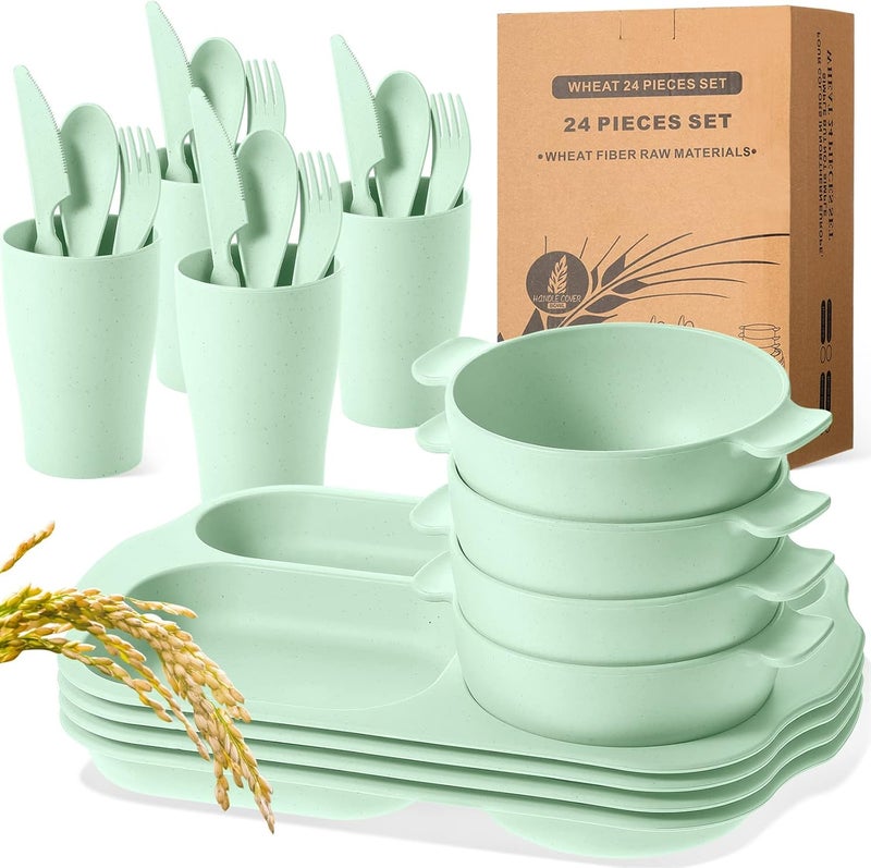 Honoson 24 Pcs Wheat Straw Dinnerware Cutlery Set for Kids Toddler Aldult Including Divided Plates Microwave Dishwasher Safe Bowl Unbreakable Tableware Straw Cutlery Spoon Knife ForkGreen  - Image 1