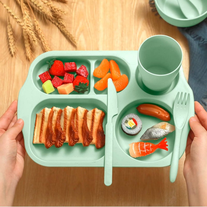 Honoson 24 Pcs Wheat Straw Dinnerware Cutlery Set for Kids Toddler Aldult Including Divided Plates Microwave Dishwasher Safe Bowl Unbreakable Tableware Straw Cutlery Spoon Knife ForkGreen  - Image 5