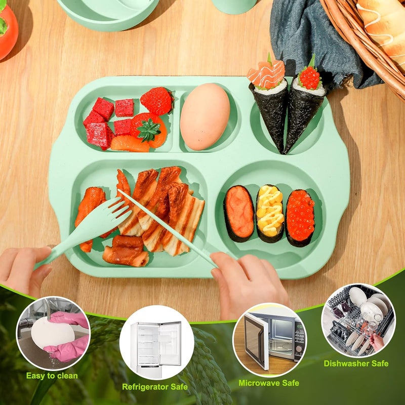 Honoson 24 Pcs Wheat Straw Dinnerware Cutlery Set for Kids Toddler Aldult Including Divided Plates Microwave Dishwasher Safe Bowl Unbreakable Tableware Straw Cutlery Spoon Knife ForkGreen  - Image 3