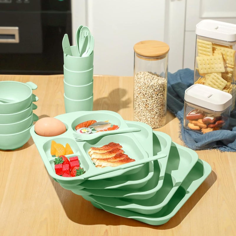 Honoson 24 Pcs Wheat Straw Dinnerware Cutlery Set for Kids Toddler Aldult Including Divided Plates Microwave Dishwasher Safe Bowl Unbreakable Tableware Straw Cutlery Spoon Knife ForkGreen  - Image 4