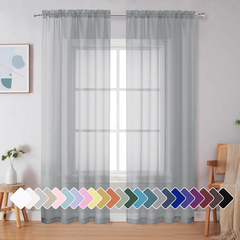 Simplebrand Light Grey Sheer Curtains 90 Inches Long 2 Panels Light Filtering Rod Pocket Solid Color Window Sheer Curtain Panels Elegant Curtains & Drapes For Living Room Bedroom 42"" W X 90"" L - Image 1