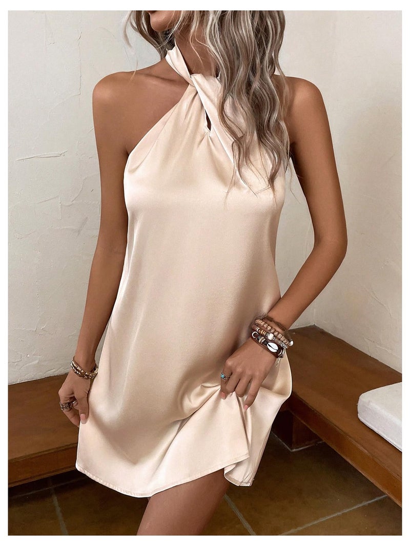 Floerns Women's Pearl Beaded Halter Twist Sleeveless Tie Back Dress A Line Dress Apricot Medium - Image 4