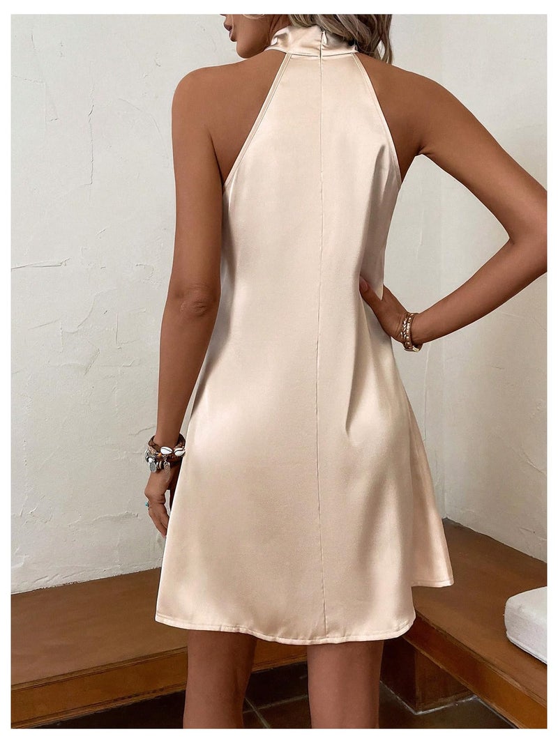 Floerns Women's Pearl Beaded Halter Twist Sleeveless Tie Back Dress A Line Dress Apricot Medium - Image 2