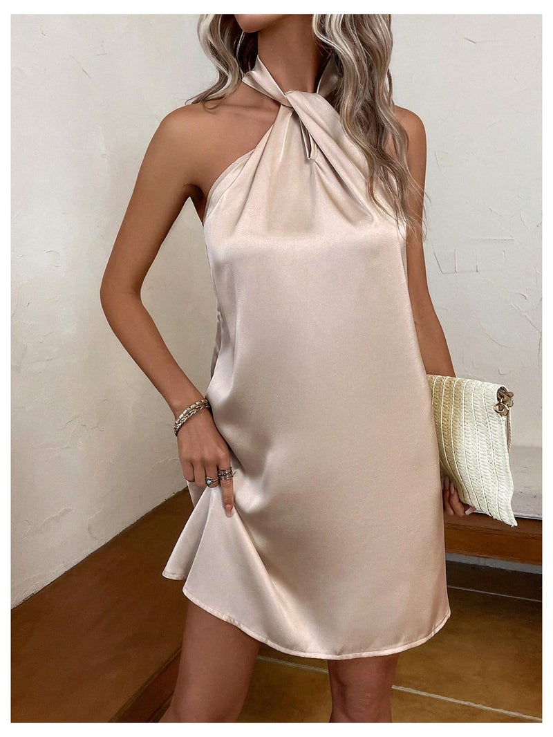 Floerns Women's Pearl Beaded Halter Twist Sleeveless Tie Back Dress A Line Dress Apricot Medium - Image 5