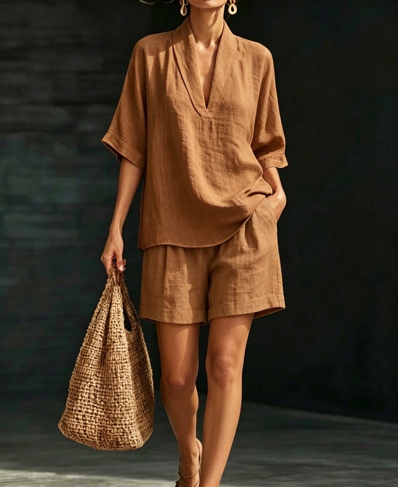 linen suit women's summerloosev neck short-sleeved topsloose pantstwo-piece set lazy and relaxed feeling