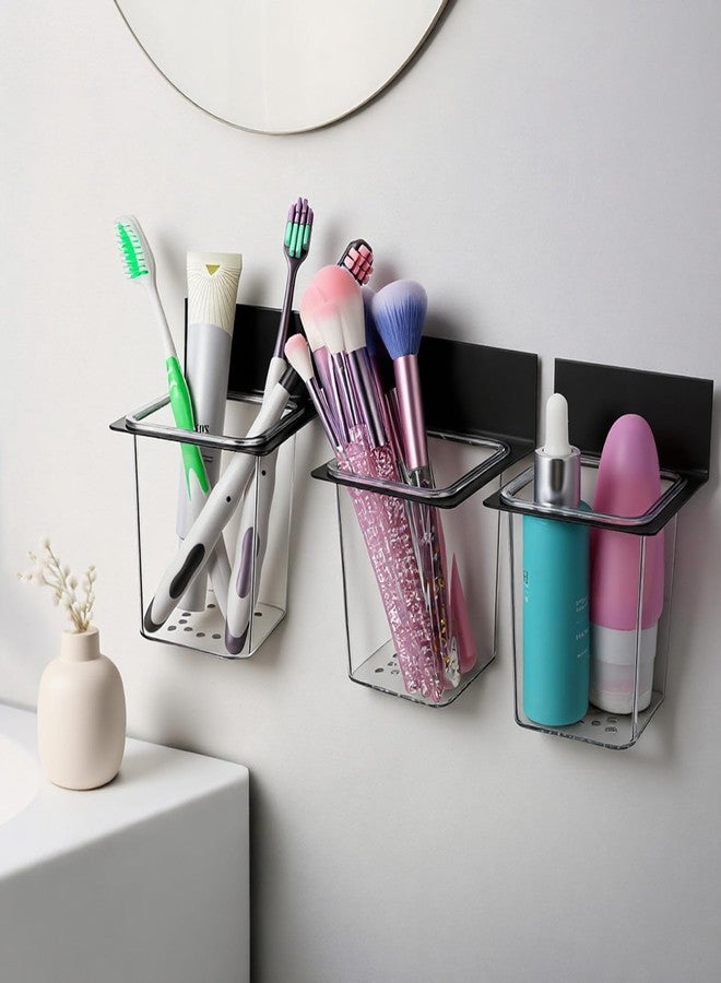 xozeooeu 4 Pcs Clear Plastic Toothbrush Holder, Wall Mounted Metal Bracket Bathroom Organizer Set for Toothpaste, Brushes, Razor, Shower Accessories - Image 4