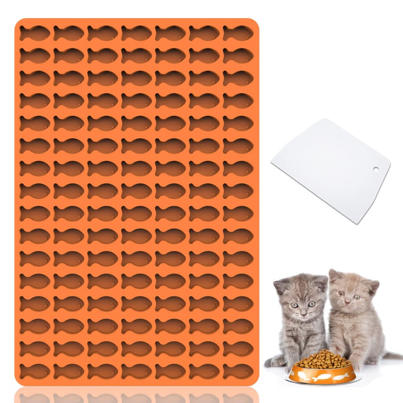 Amyandone Cat Treat Molds, 112 Cavities Mini Fish Shape Silicone Mold for Baking Pet Treats/Biscuits/Snacks for Cat, Dog or Kids as Awards, Food-Grade Fish Mold for Candy/Chocolate (with a Scraper) - Image 1